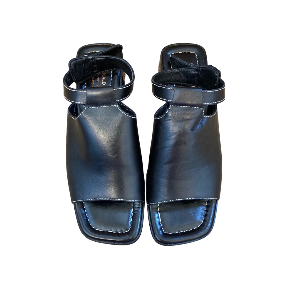 Donald J Pliner Black Leather Square Toe Block Heel Sandals Made in Italy 8M